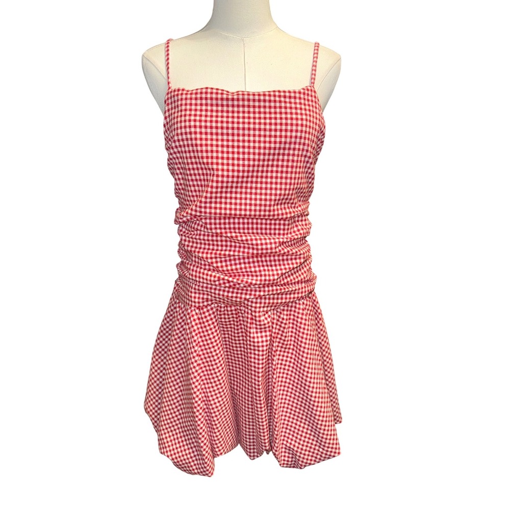 Moon‎ Orchid Red White Gingham Smocked Bubble Hem Mini Dress Large Cotton 
NWOT